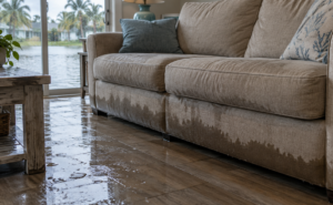 A couch with soaked cushions and a waterline at its base inside a storm-damaged Florida living room.